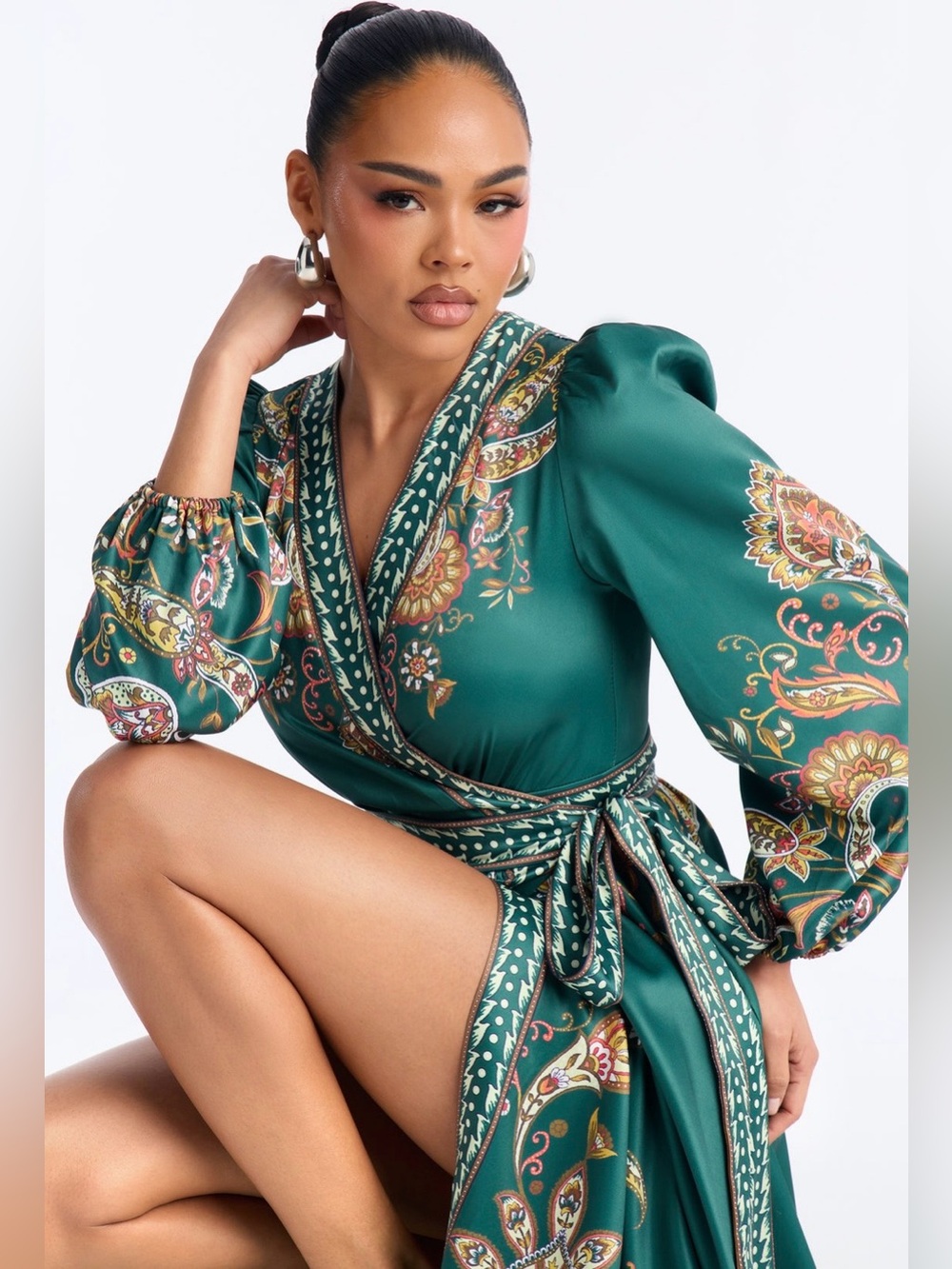 Fashion Nova Emerald Green Paisley Satin Wrap Dress
